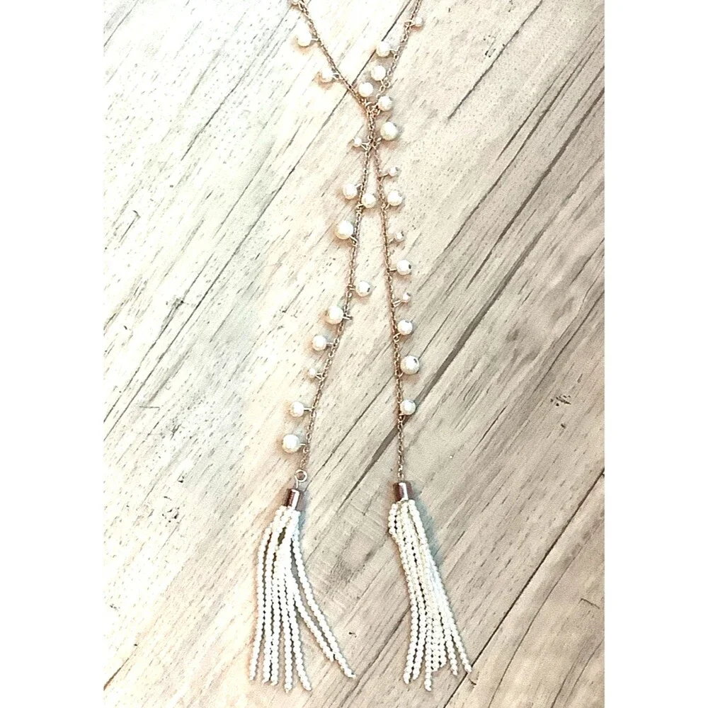 Faux Pearl Lariat Necklace Extra Long White Beaded Tassel Y-Drop Opera Length
